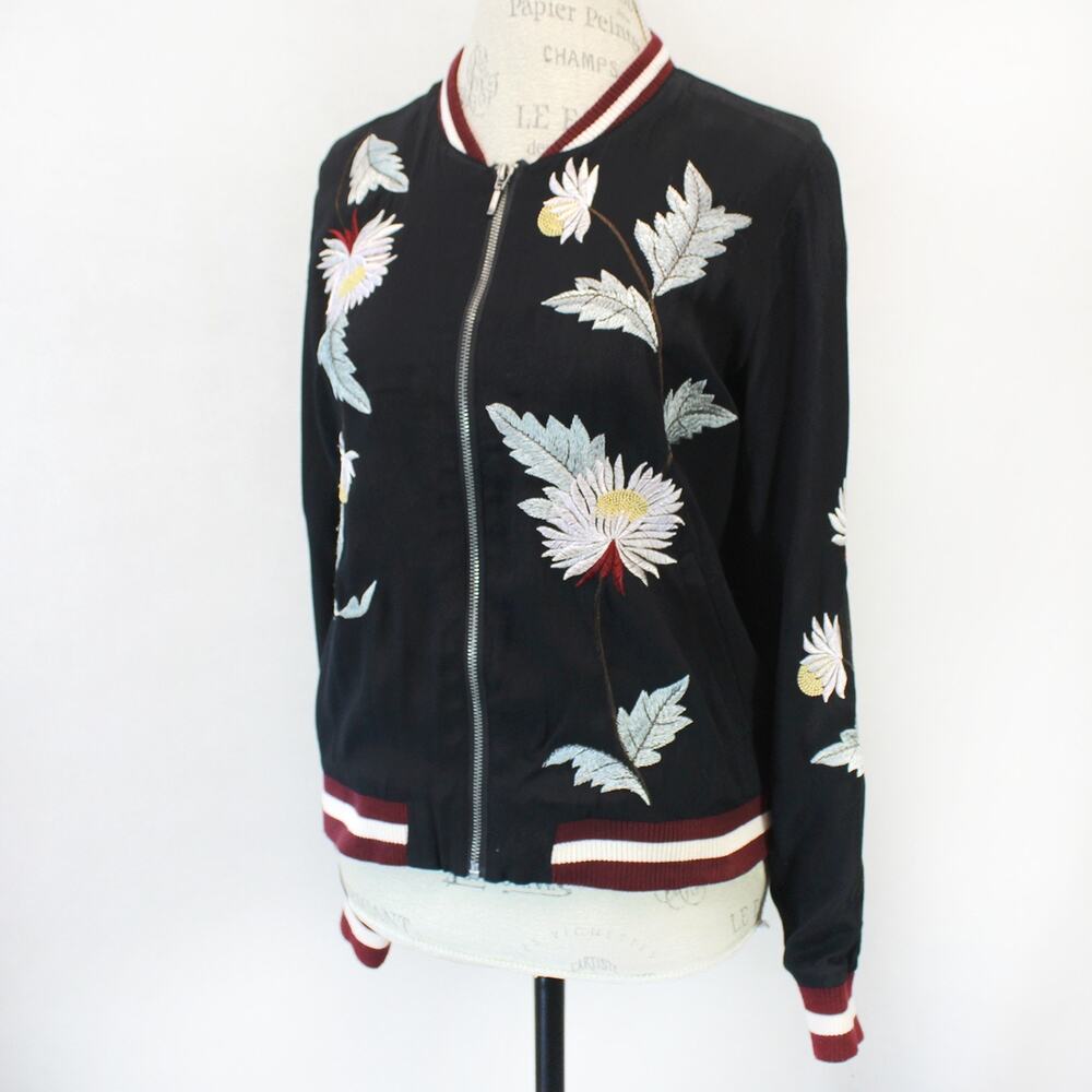 Anthropologie Elevenses Bomber Jacket Y2K Floral Embroidered Lined Zip Black XS